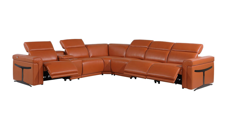 DivanItalia 1126 7-Piece L-Shaped Sectional Sofa in Top Grain Italian Leather with 3 Power Recliners &amp; Power Headrests - Camel