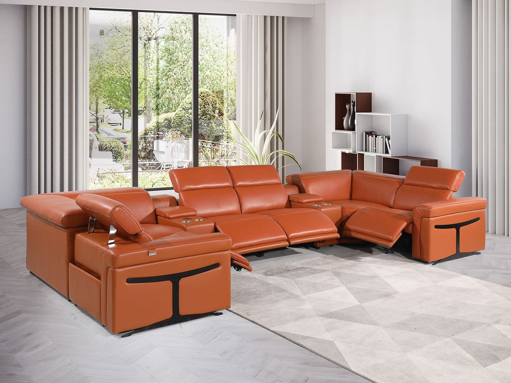 DivanItalia 1126 8-Piece U-Shaped Sectional Sofa in Top Grain Italian Leather with 4 Power Recliners & Power Headrests – with Console - Camel