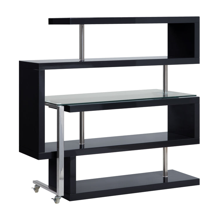 Buck II - Writing Desk With Bookshelf - Clear Glass, Chrome & Black High Gloss
