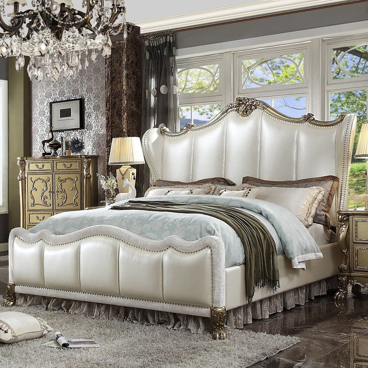 Dresden II - Eastern King Bed - Pearl White Synthetic Leather & Gold Patina