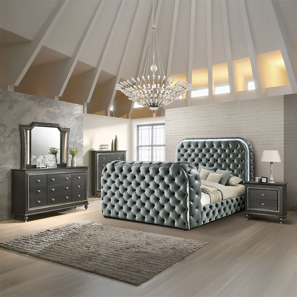 Kana - Eastern King Bed With LED, Fireplace & TV Stand - Gray Upholstery Velvet