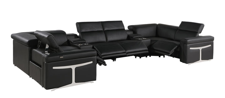 DivanItalia 1126 8-Piece U-Shaped Sectional Sofa in Top Grain Italian Leather with 4 Power Recliners &amp; Power Headrests – with Console - Black