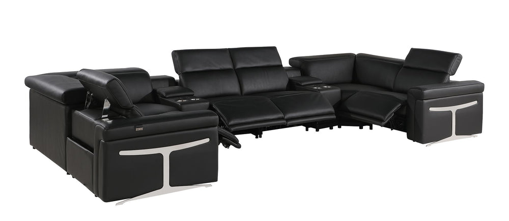 DivanItalia 1126 8-Piece U-Shaped Sectional Sofa in Top Grain Italian Leather with 4 Power Recliners & Power Headrests – with Console - Black