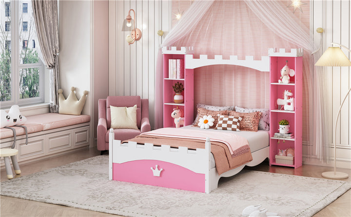 castle-shaped-wooden-twin-bed-with-storage-shelf-pink-white