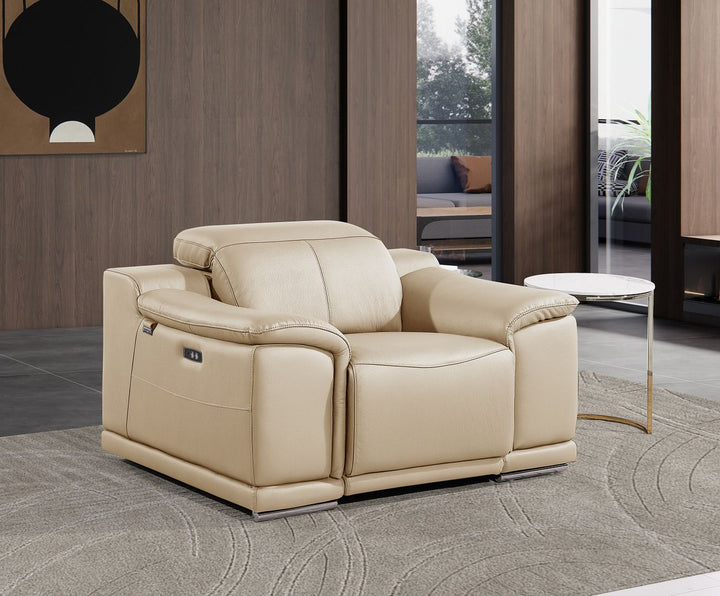 DivanItalia 9762 Top Grain Italian Leather Power Reclining Chair with Adjustable Headrests - Beige