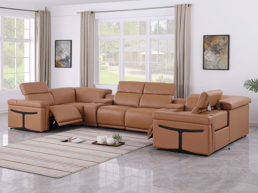 DivanItalia 1126 8-Piece U-Shaped Sectional Sofa in Top Grain Italian Leather with 2 Power Recliners & Power Headrests - Cognac