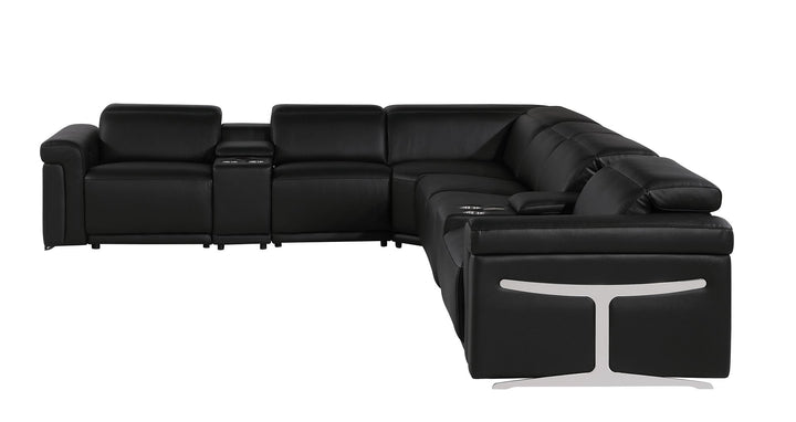 DivanItalia 1126 8-Piece L-Shaped Sectional Sofa in Top Grain Italian Leather with 4 Power Recliners &amp; Power Headrests - Black