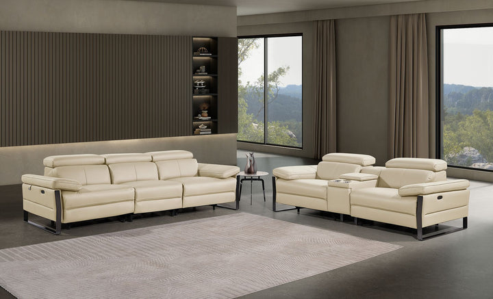 DivanItalia 1246 Modular Power Triple Reclining Sofa and Console Loveseat Set with Power Headrests – Top Grain Italian Leather - Beige