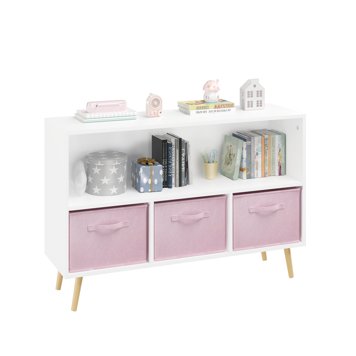 modern-kids-bookcase-with-collapsible-fabric-drawers-childrens-book-display-toy-storage-white-pink-mdf-pine-legs
