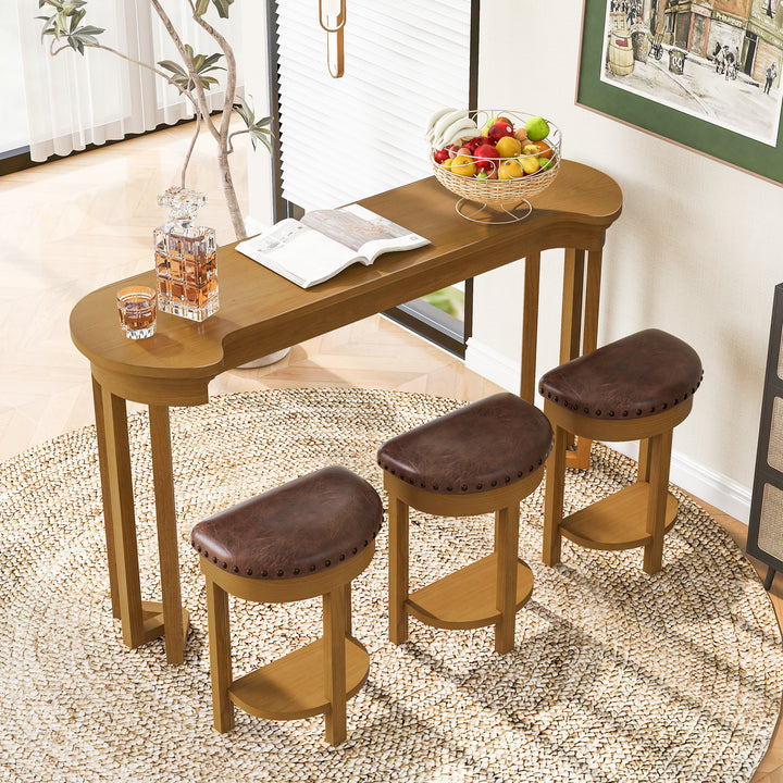 4-Piece Bar Table Set with PU Upholstered Bar Stools in Natural