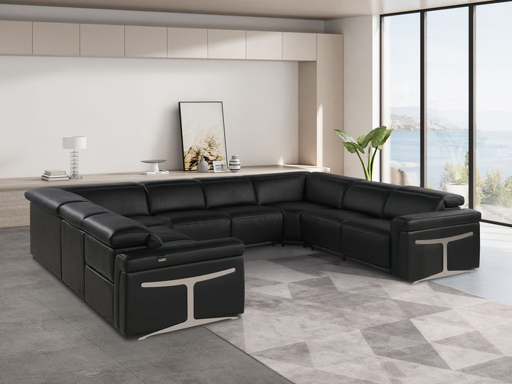 DivanItalia 1126 8-Piece U-Shaped Sectional Sofa in Top Grain Italian Leather with 4 Power Recliners &amp; Power Headrests – No Console - Black