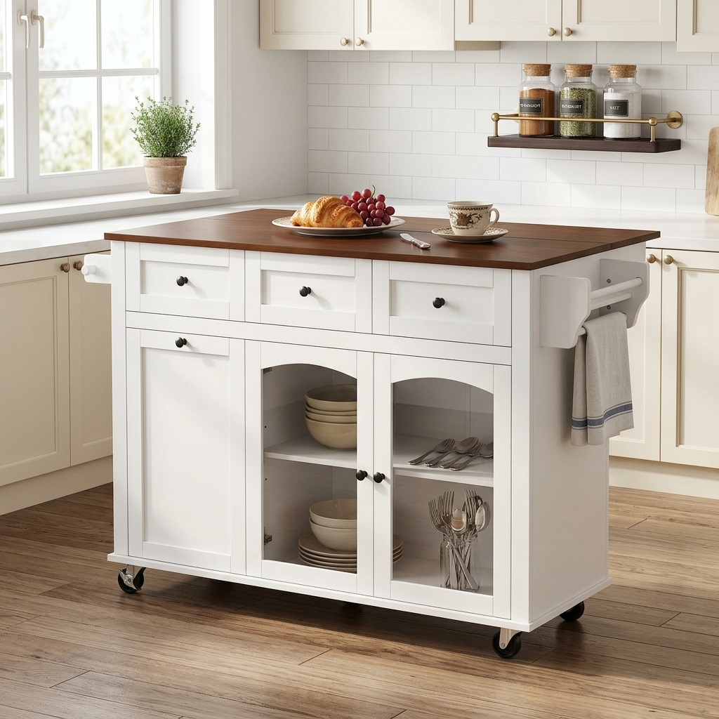 54.2" Rolling Kitchen Island – White/Walnut