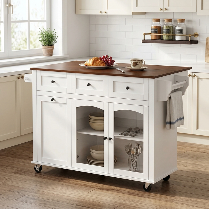 54.2" Rolling Kitchen Island – White/Walnut