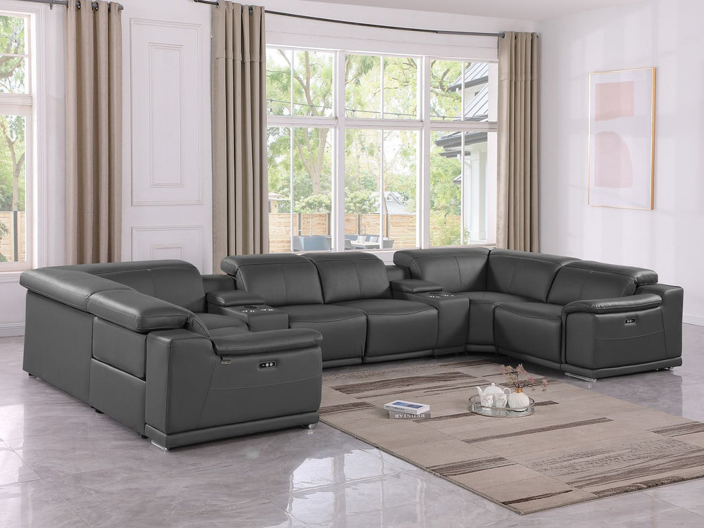 DivanItalia 9762 8-Piece U Shaped Top Grain Italian Leather Sectional Sofa with 2 Power Recliners - Dark Gray