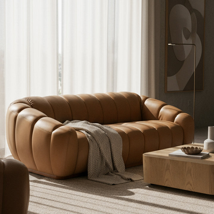 Ekwok  Modern Tan Leather Sofa