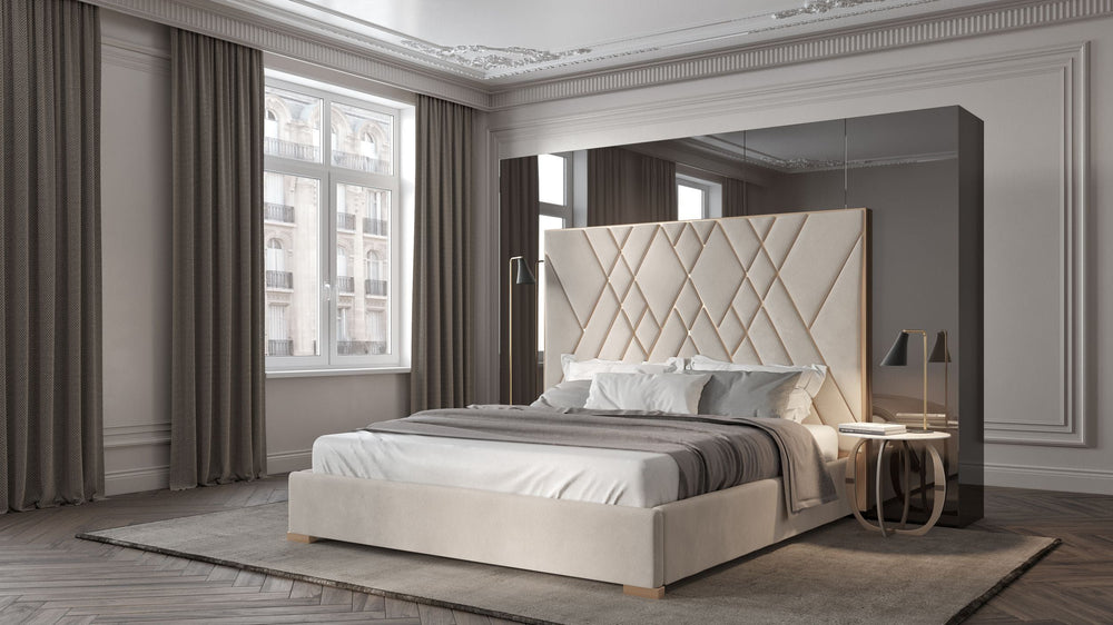 Eldora - Eastern King Glam Beige Velvet and Brushed Brass Bed