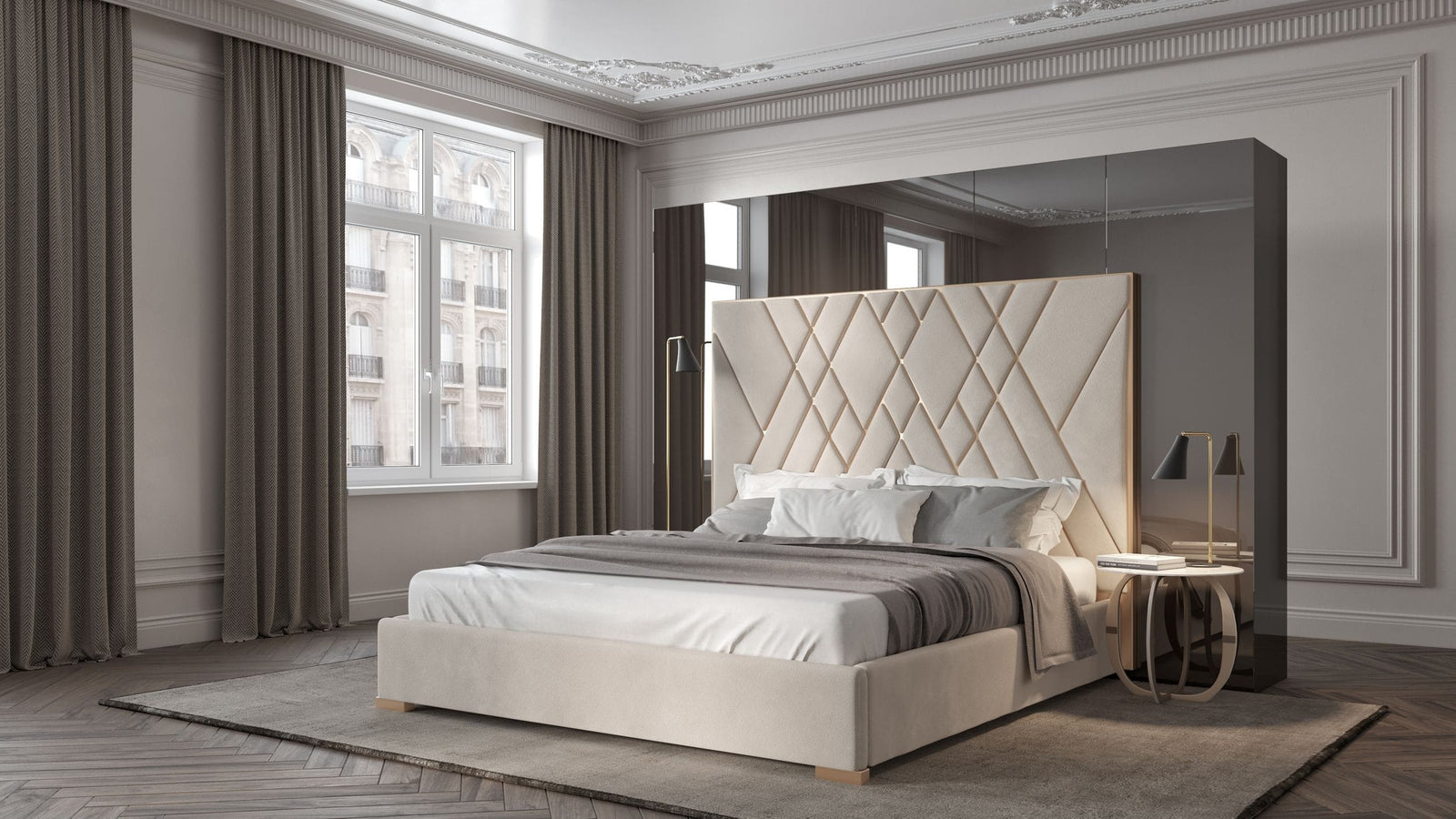 Eldora - Glam Beige Velvet and Brushed Brass Bed - View 3