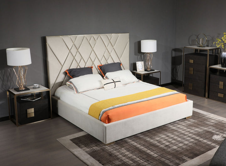 Eldora - Glam Beige Velvet and Brushed Brass Bed