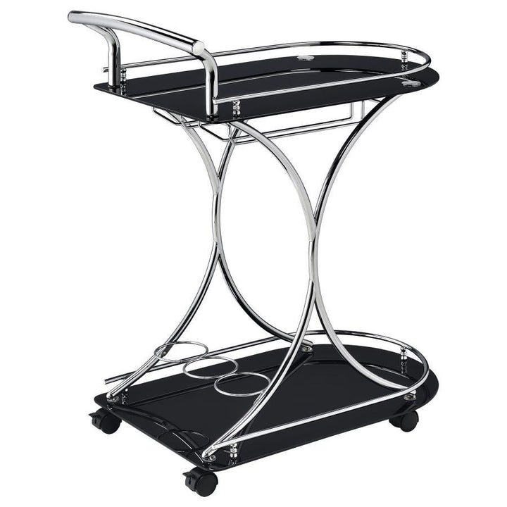 Elfman - 2 - Tier Glass Shelf Metal Bar Cart - Black And Chrome Bar Cart modern furniture Contempo Furniture