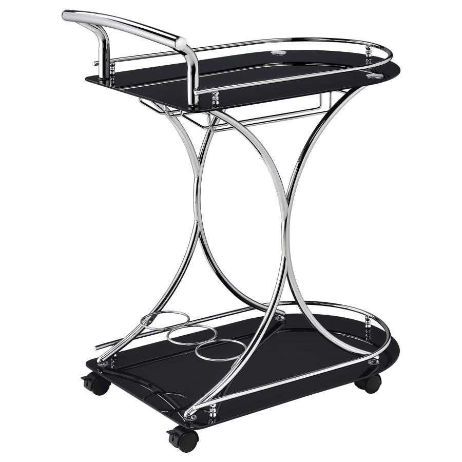 Elfman - 2 - Tier Glass Shelf Metal Bar Cart - Black And Chrome Bar Cart modern furniture Contempo Furniture