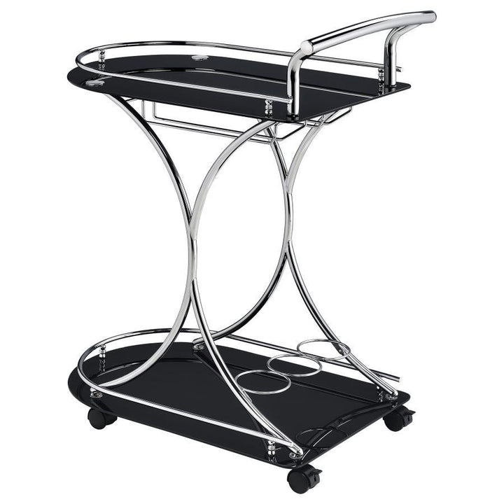 Elfman - 2 - Tier Glass Shelf Metal Bar Cart - Black And Chrome Bar Cart modern furniture Contempo Furniture