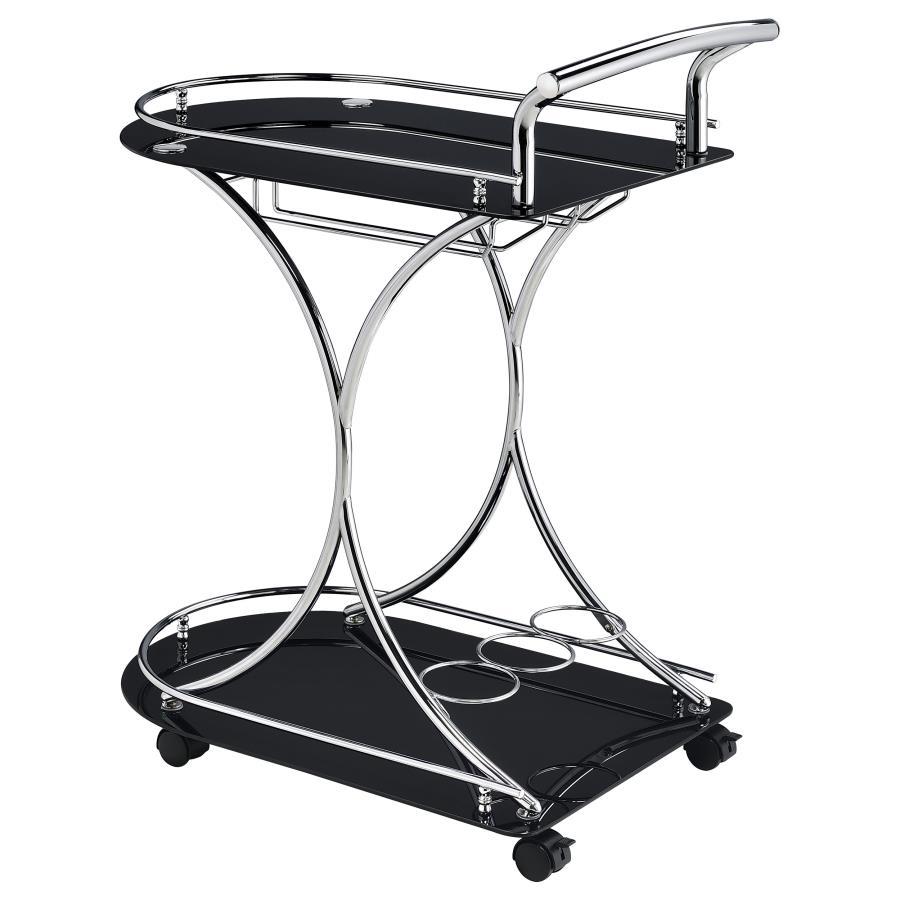 Elfman - 2 - Tier Glass Shelf Metal Bar Cart - Black And Chrome Bar Cart modern furniture Contempo Furniture