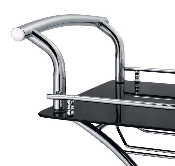 Elfman - 2 - Tier Glass Shelf Metal Bar Cart - Black And Chrome Bar Cart modern furniture Contempo Furniture