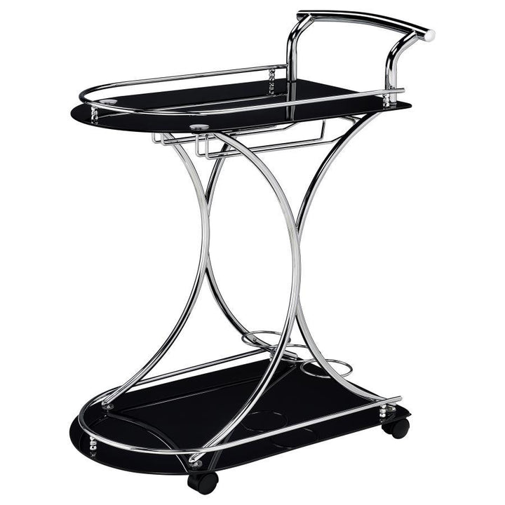 Elfman - 2 - Tier Glass Shelf Metal Bar Cart - Black And Chrome Bar Cart modern furniture Contempo Furniture