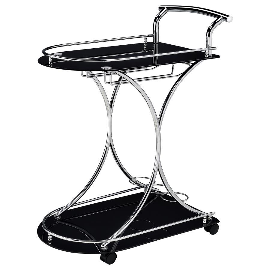 Elfman - 2 - Tier Glass Shelf Metal Bar Cart - Black And Chrome Bar Cart modern furniture Contempo Furniture