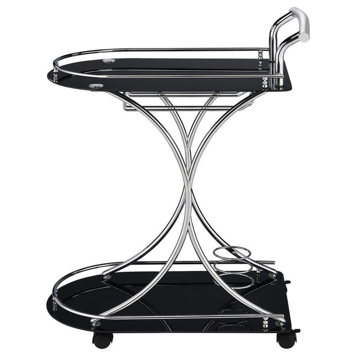 Elfman - 2 - Tier Glass Shelf Metal Bar Cart - Black And Chrome Bar Cart modern furniture Contempo Furniture