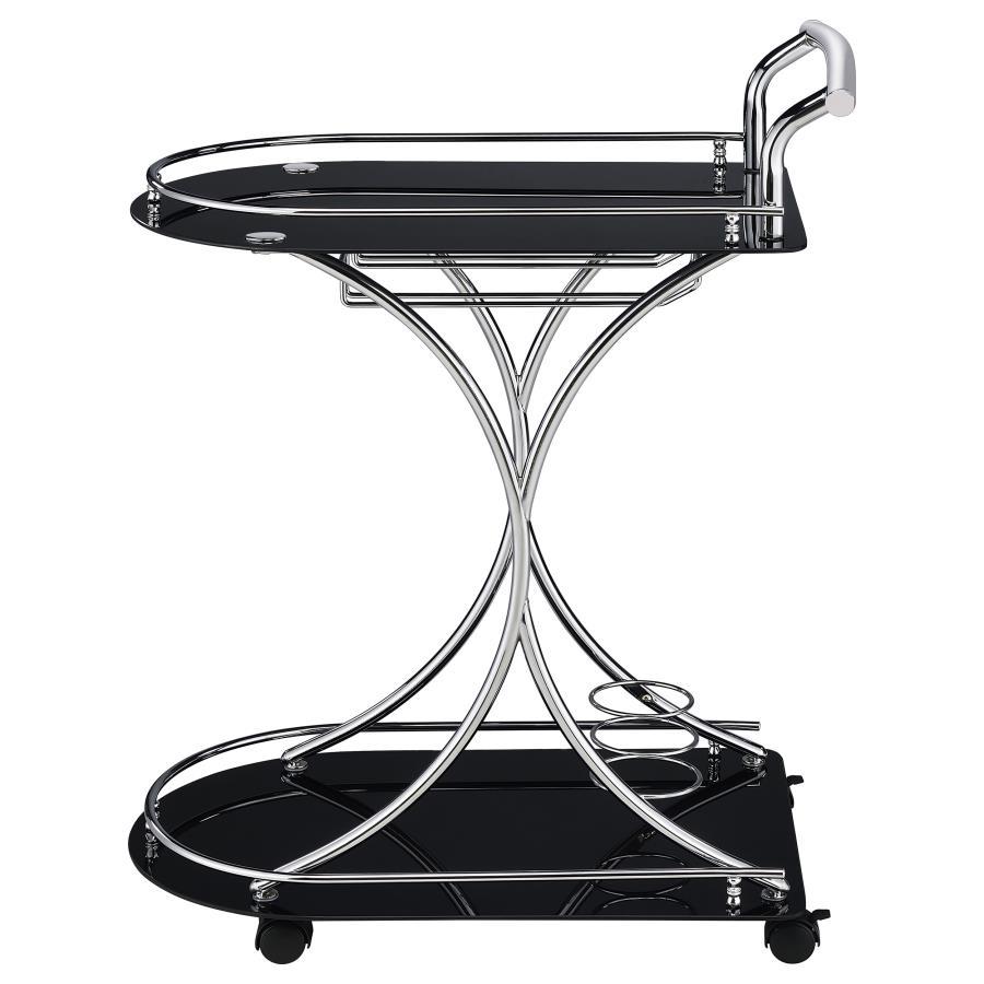 Elfman - 2 - Tier Glass Shelf Metal Bar Cart - Black And Chrome Bar Cart modern furniture Contempo Furniture