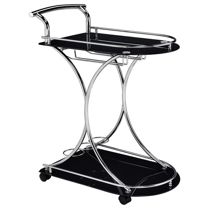 Elfman - 2 - Tier Glass Shelf Metal Bar Cart - Black And Chrome Bar Cart modern furniture Contempo Furniture