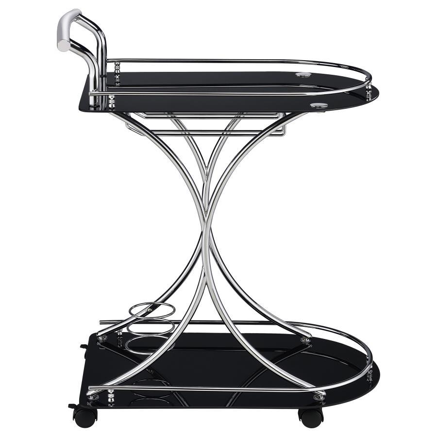 Elfman - 2 - Tier Glass Shelf Metal Bar Cart - Black And Chrome Bar Cart modern furniture Contempo Furniture