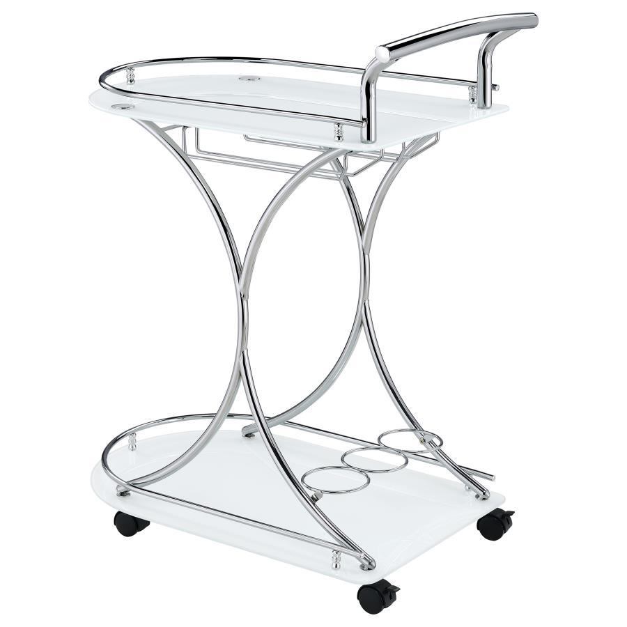 Elfman - 2 - Tier Glass Shelf Metal Bar Cart - White And Chrome Bar Cart modern furniture Contempo Furniture