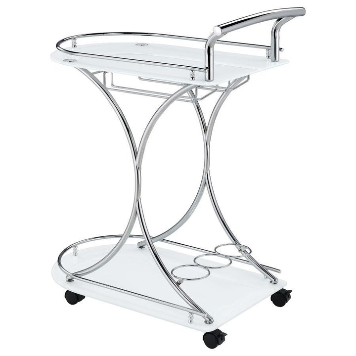 Elfman - 2 - Tier Glass Shelf Metal Bar Cart - White And Chrome Bar Cart modern furniture Contempo Furniture