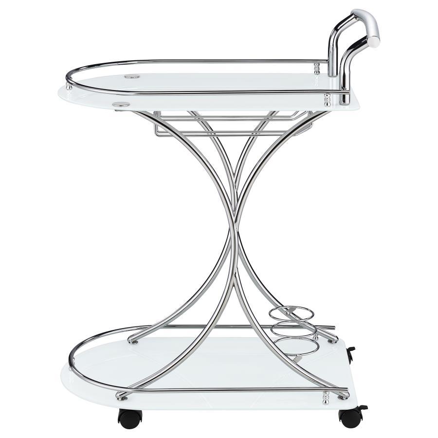 Elfman - 2 - Tier Glass Shelf Metal Bar Cart - White And Chrome Bar Cart modern furniture Contempo Furniture