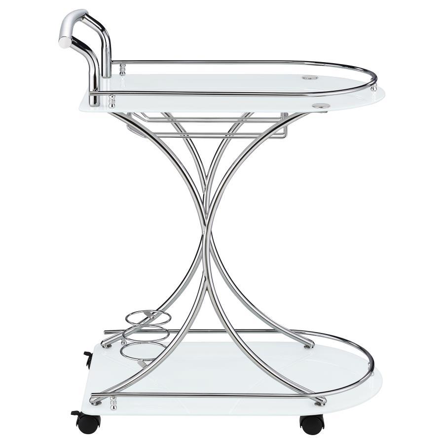 Elfman - 2 - Tier Glass Shelf Metal Bar Cart - White And Chrome Bar Cart modern furniture Contempo Furniture