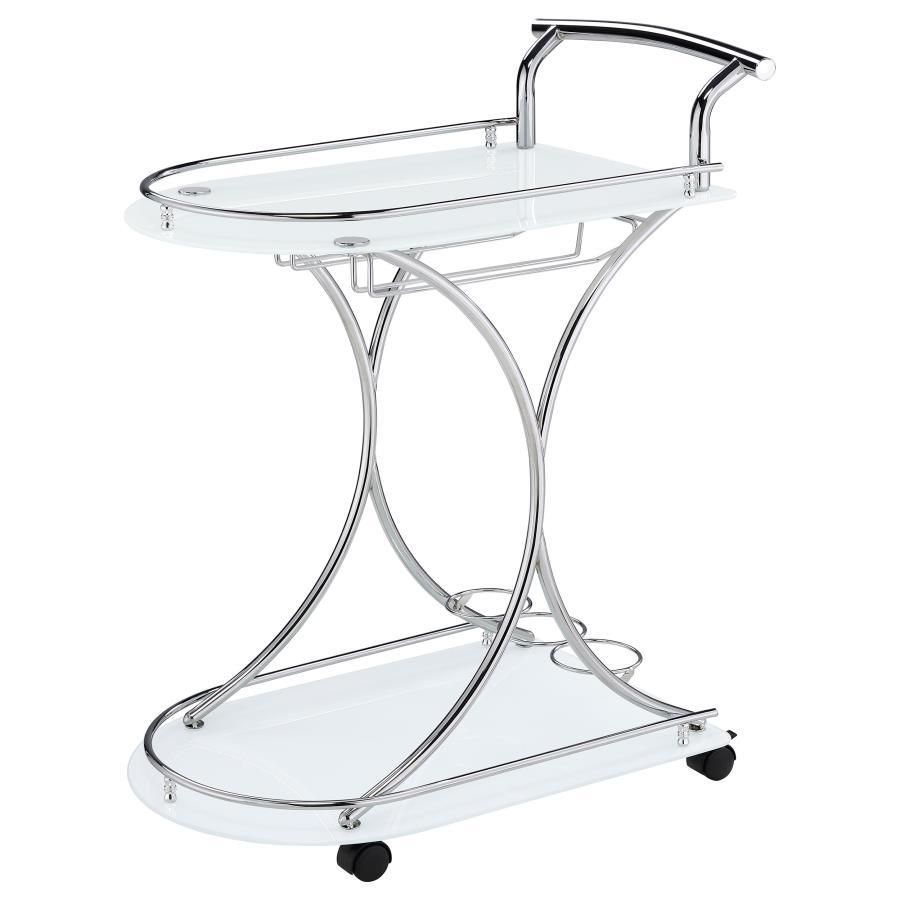 Elfman - 2 - Tier Glass Shelf Metal Bar Cart - White And Chrome Bar Cart modern furniture Contempo Furniture