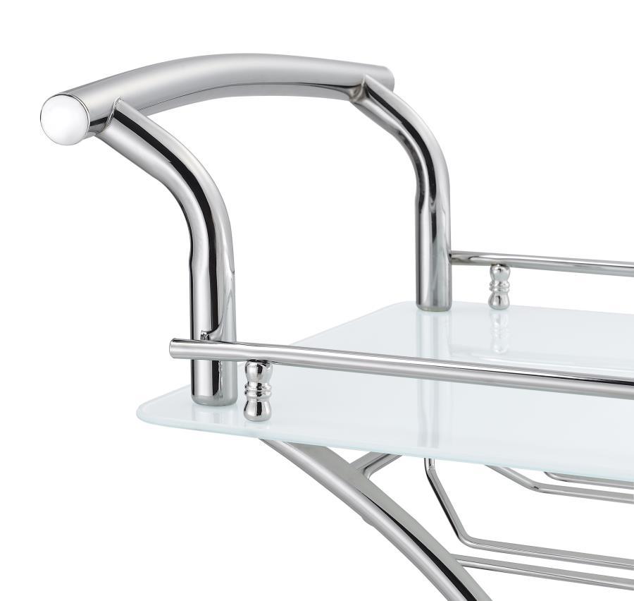 Elfman - 2 - Tier Glass Shelf Metal Bar Cart - White And Chrome Bar Cart modern furniture Contempo Furniture