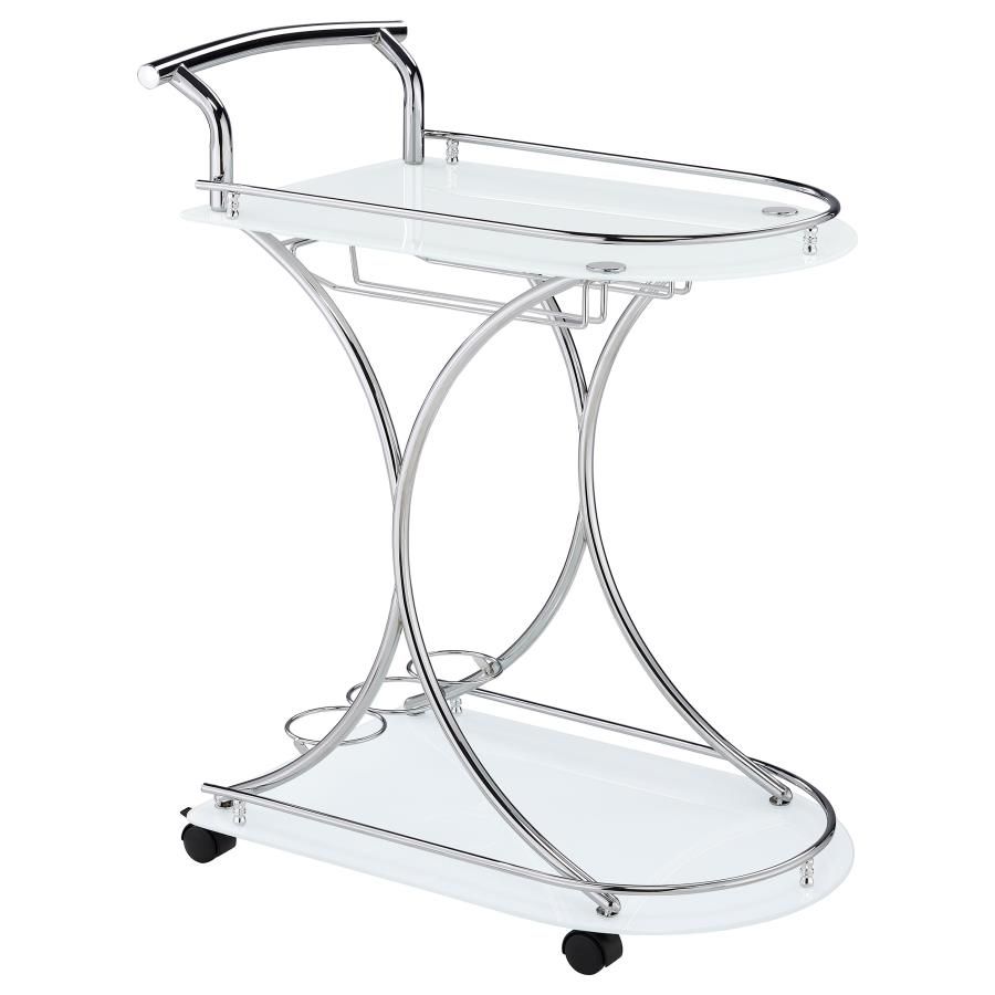 Elfman - 2 - Tier Glass Shelf Metal Bar Cart - White And Chrome Bar Cart modern furniture Contempo Furniture
