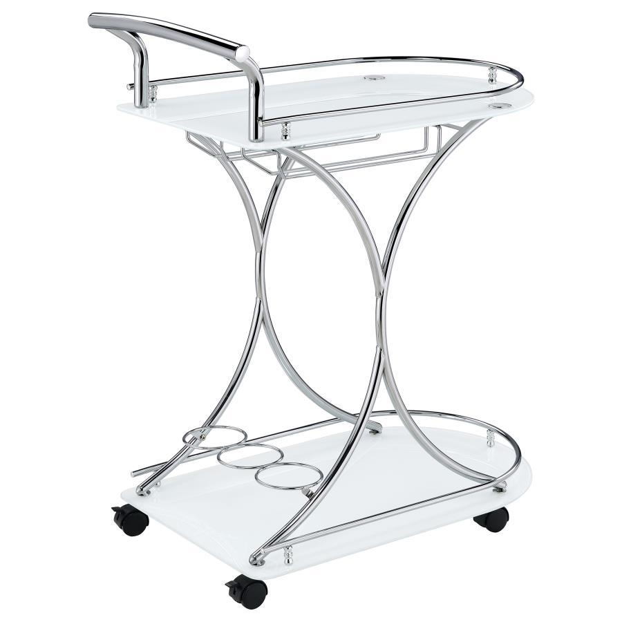 Elfman - 2 - Tier Glass Shelf Metal Bar Cart - White And Chrome Bar Cart modern furniture Contempo Furniture