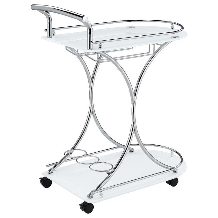 Elfman - 2 - Tier Glass Shelf Metal Bar Cart - White And Chrome Bar Cart modern furniture Contempo Furniture