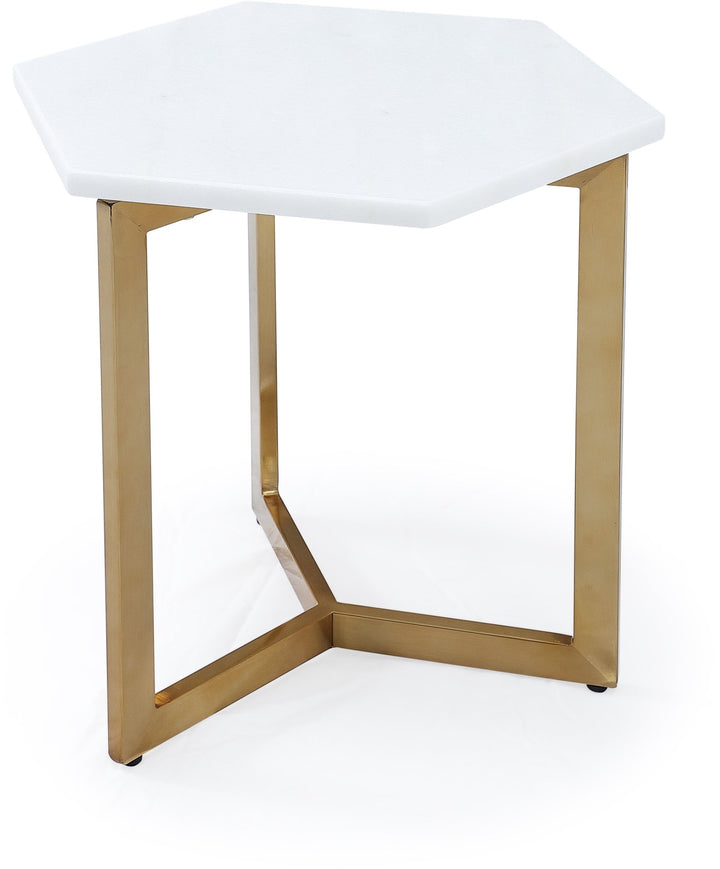 Eliza Hexagonal End Table in White Marble and Gold Brushed Stainless Steel End Table modern furniture Contempo Furniture