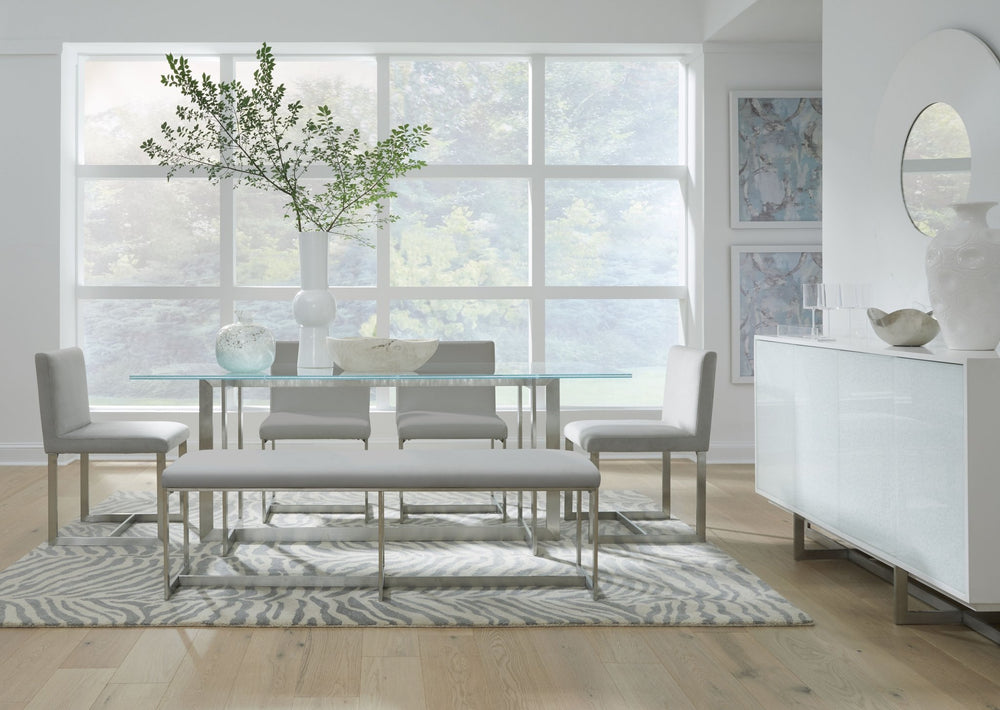 Eliza Upholstered Dining Bench in Dove and Brushed Stainless Steel Benches modern furniture Contempo Furniture