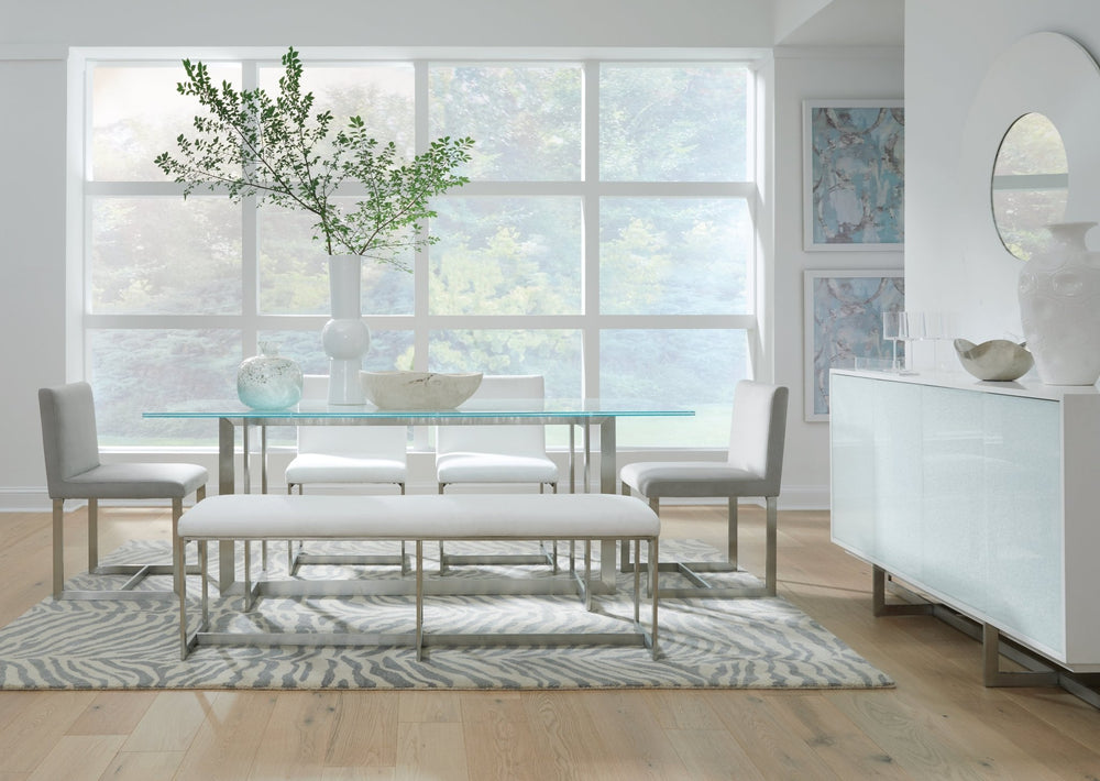 Eliza Upholstered Dining Bench in Pearl and Brushed Stainless Steel Benches modern furniture Contempo Furniture