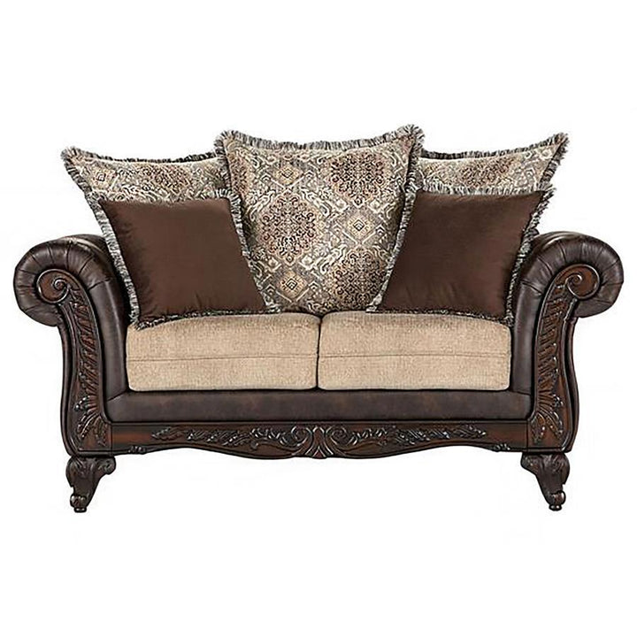 Elmbrook - 3 Piece Upholstered Rolled Arm Sofa Set With Intricate Wood - Carvings Brown 3 - Piece Living Room Set modern furniture Contempo Furniture