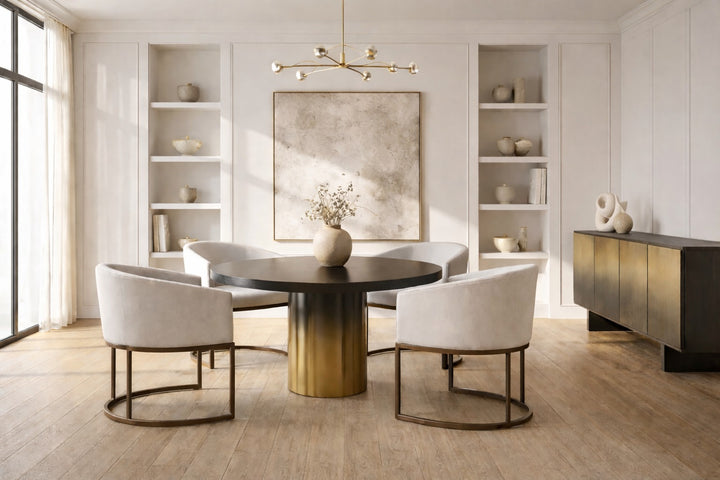 Elmira - Glam Black Ash + Gradient Stainless Steel Round Dining Table