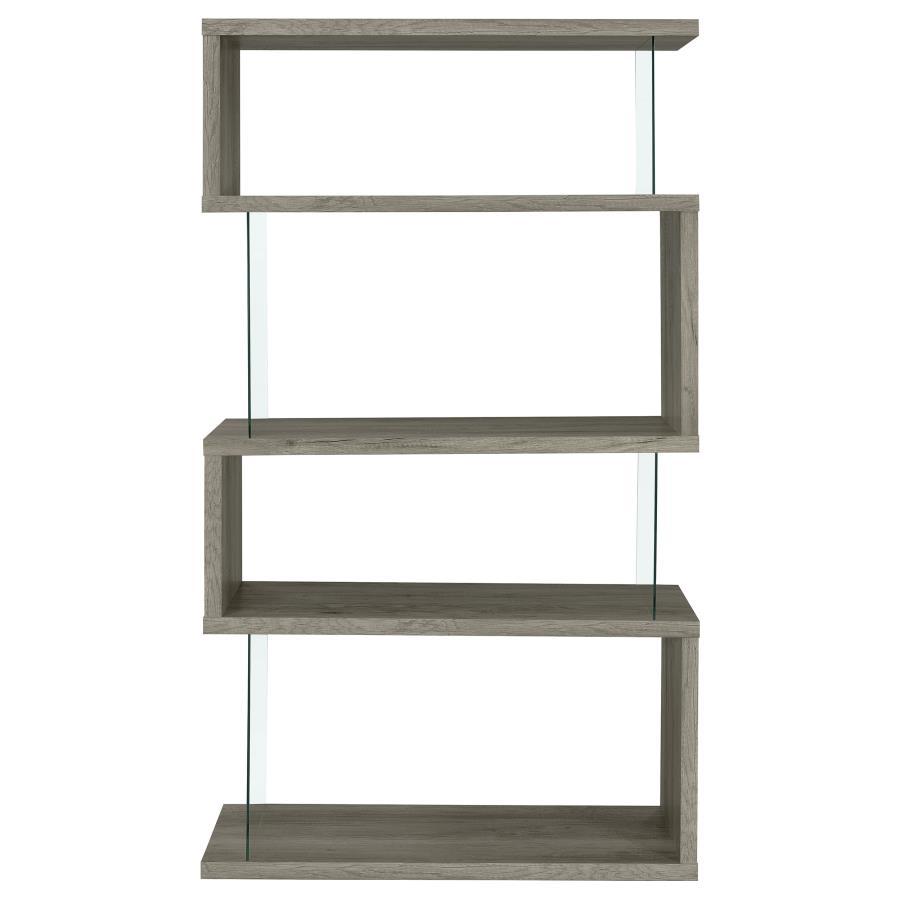 Emelle - 4 - Shelf Glass Panel Bookshelf - Gray Driftwood Standard Bookcase modern furniture Contempo Furniture