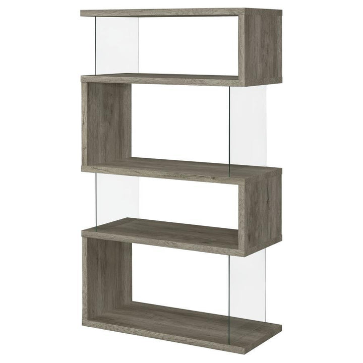 Emelle - 4 - Shelf Glass Panel Bookshelf - Gray Driftwood Standard Bookcase modern furniture Contempo Furniture