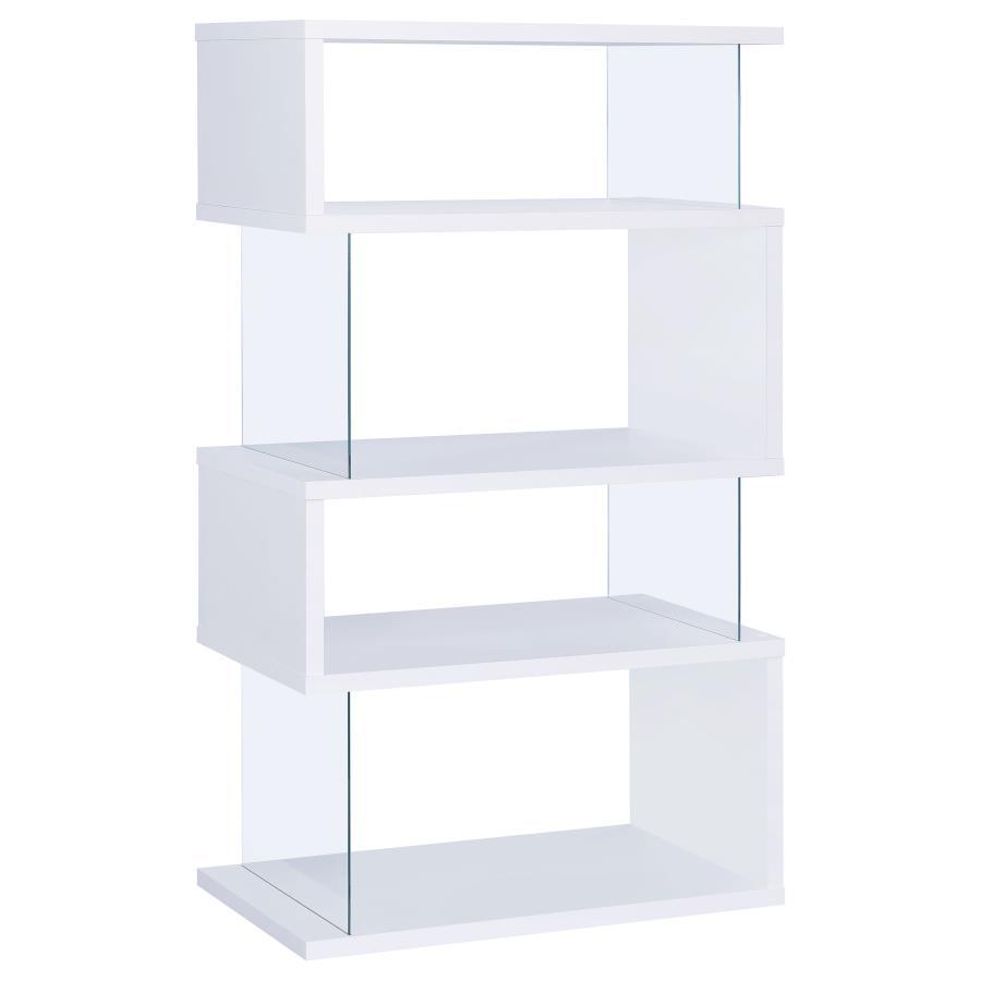 Emelle - 4 - Shelf Glass Panel Bookshelf - White Standard Bookcase modern furniture Contempo Furniture